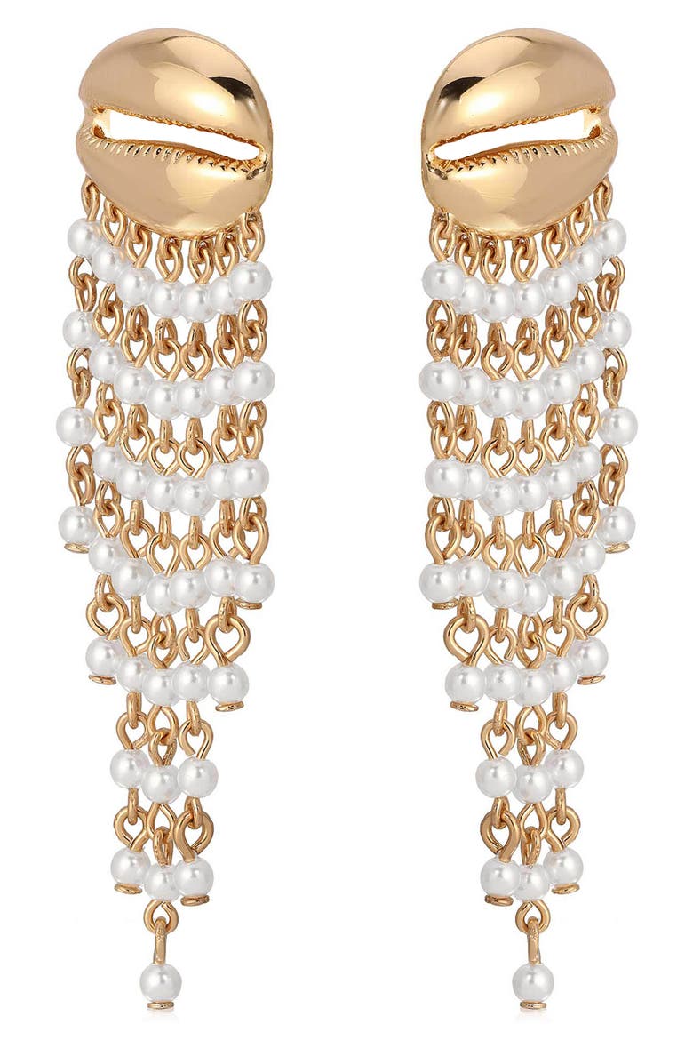 Mykonos Shell Faux Pearl Fringe Drop Earrings, Alternate, color, GOLD