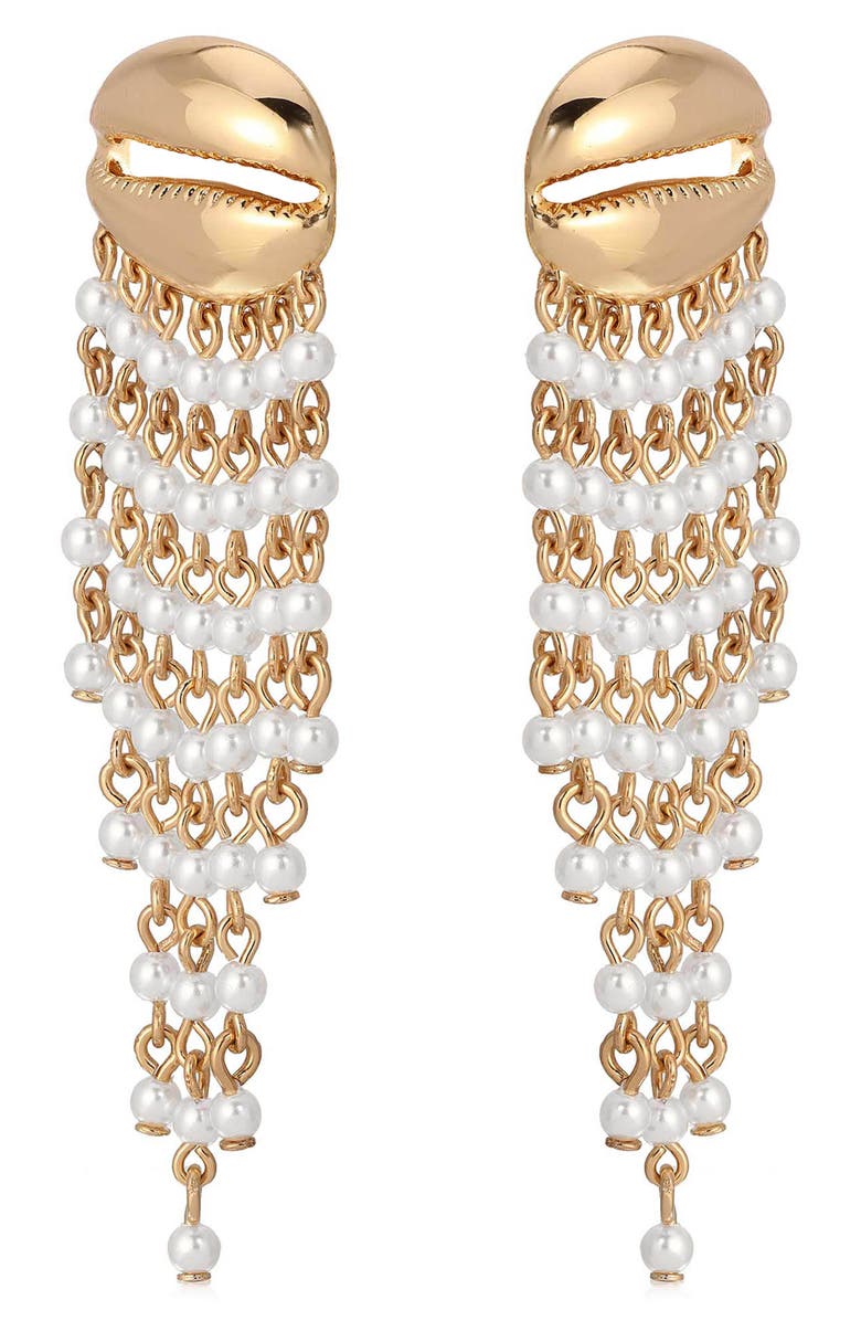 Ettika Mykonos Shell Faux Pearl Fringe Drop Earrings, Alternate, color, Gold