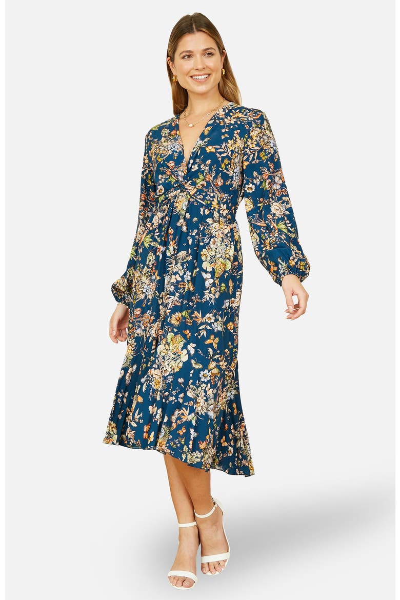 Tie Knot Front Long Sleeve Midi Dress, Alternate, color, Navy