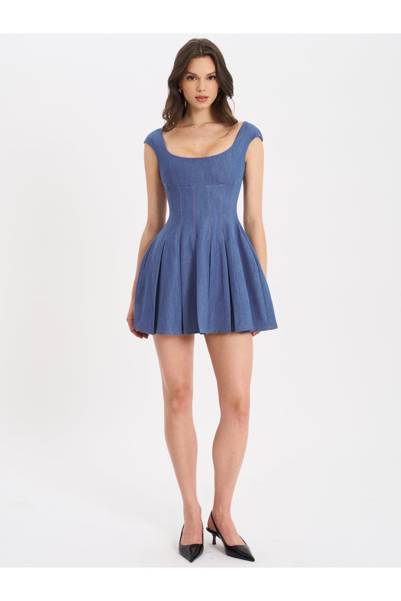 Sada Pleated Denim Mini Dress, Alternate, color, blue