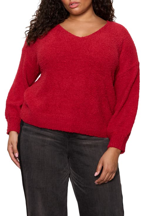 Teddy Fleece V-Neck Sweater (Plus)
