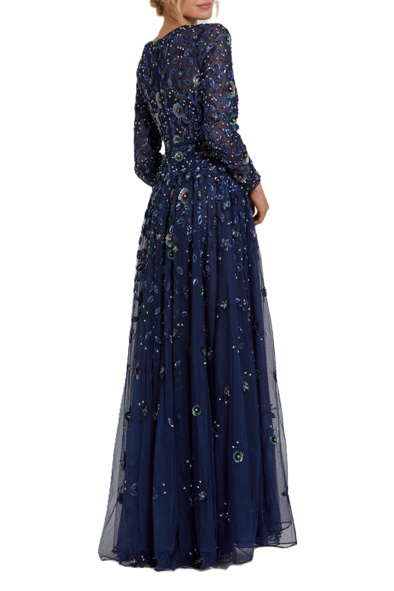 Embellished High Neck Long Sleeve A Line Gown, Alternate, color, Navy