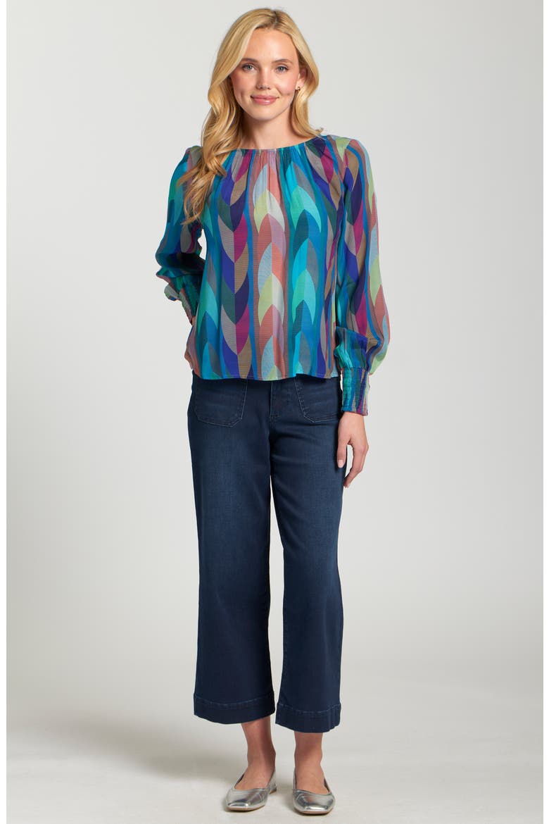 Printed Smocked Cuff Top, Alternate, color, TURQUOISE MULTI
