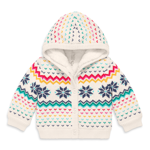 Primary Baby Fleece-lined Cardigan In Snowflake Fair Isle In Oat Rainbow Snowflake Fairisle