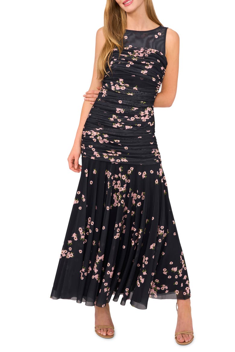 Ruched Sleeveless Mesh Maxi Dress, Main, color, RICH BLACK