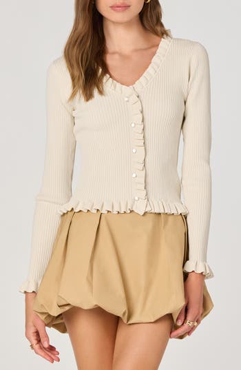 Astr The Label Ruffle Hem Button-up Cardigan In White