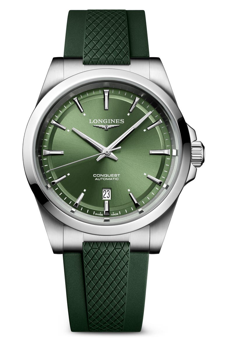 Conquest Green Automatic Rubber Strap Watch, 41mm, Main, color, GREEN