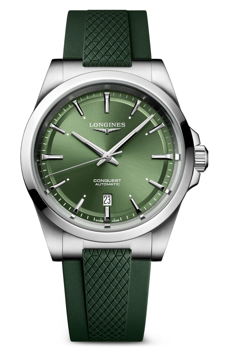 Longines Conquest Green Automatic Rubber Strap Watch, 41mm, Main, color, Green