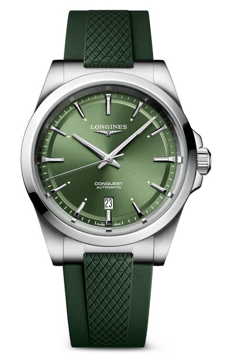 Conquest Green Automatic Rubber Strap Watch, 41mm