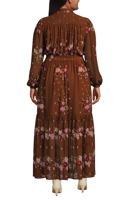 Lands' End Plus Size Chiffon Tiered Long Sleeve Maxi Dress In Brown