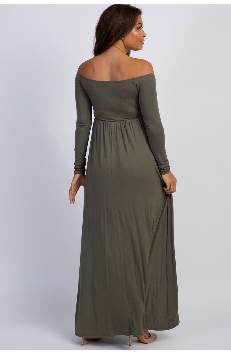 PinkBlush Petite Solid Off Shoulder Maternity Maxi Dress, Alternate, color, Olive Green