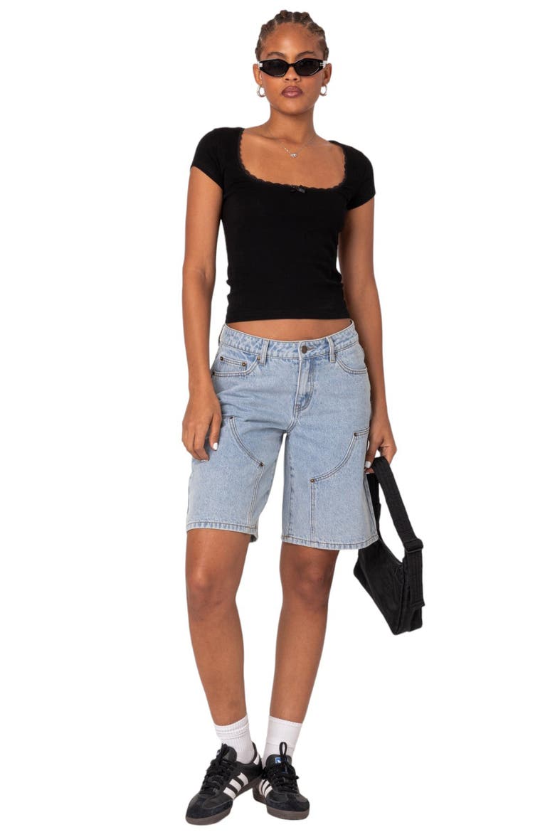 Priscilla Lace Trim Stretch Cotton Crop Top, Alternate, color, BLACK