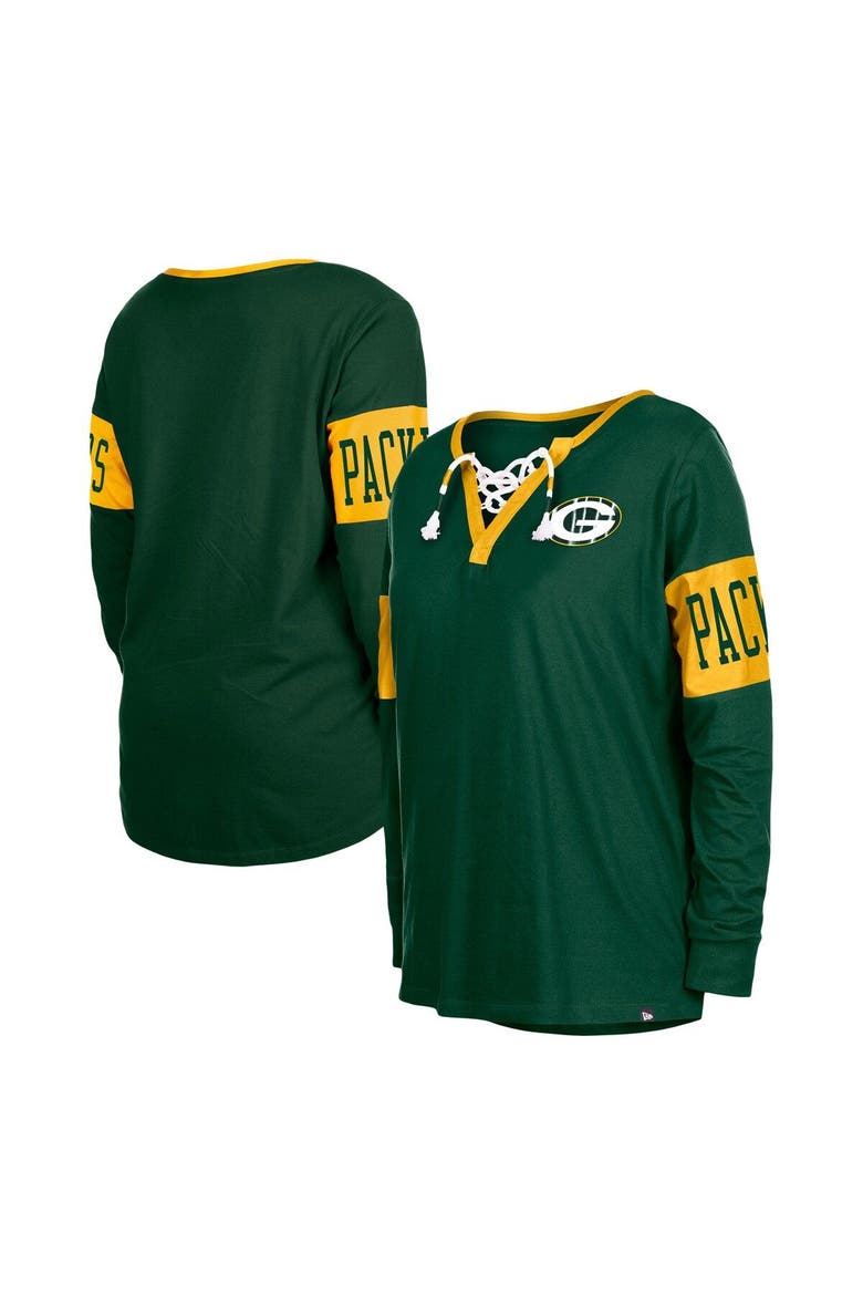 Women's New Era Green Green Bay Packers Lace-Up Notch Neck Long Sleeve T-Shirt, Main, color, Green