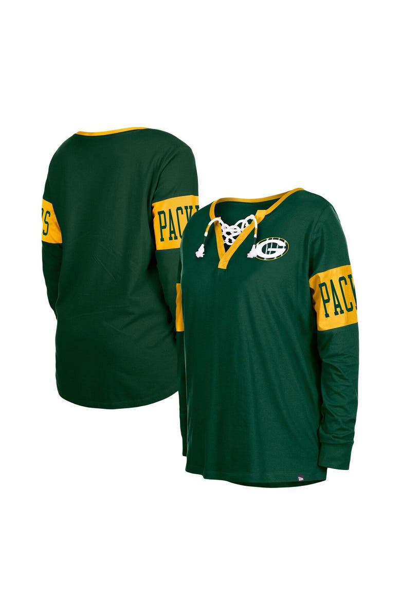 New Era Women's New Era Green Green Bay Packers Lace-Up Notch Neck Long Sleeve T-Shirt, Main, color, Green