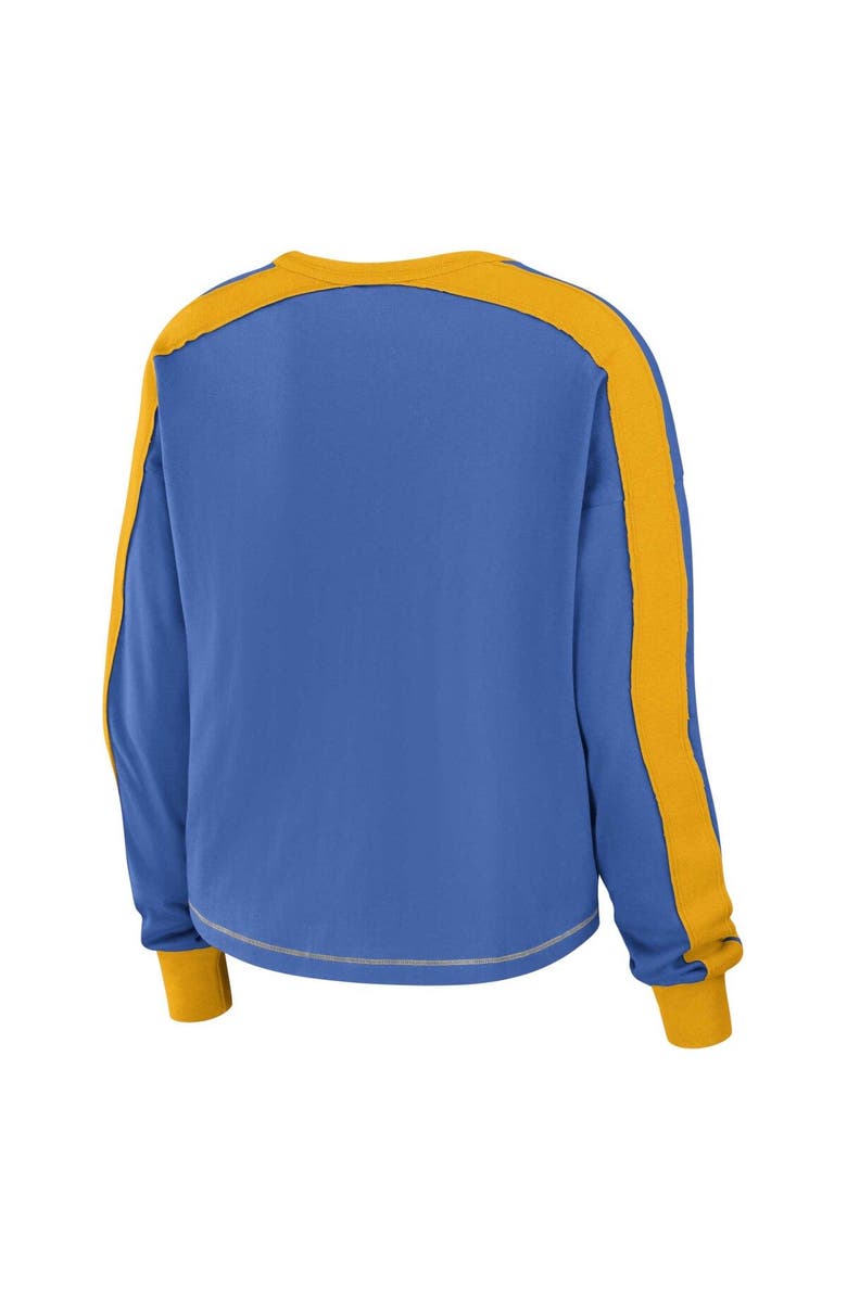 WEAR by Erin Andrews Women's WEAR by Erin Andrews Powder Blue/Gold Los Angeles Chargers Color Block Modest Crop Long Sleeve T-Shirt, Alternate, color, Powder Blue