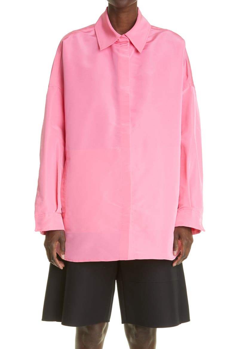 Oversize Silk Button-Up Top, Main, color, FUCHSIA