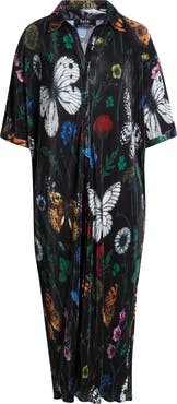 Dressed in Lala So Far So Good Print Plissé Satin Shirtdress