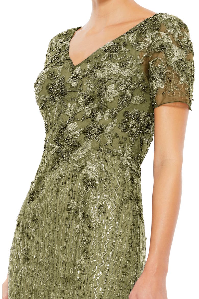 Embellished V Neck Cap Sleeve Trumpet Gown, Alternate, color, OLIVE