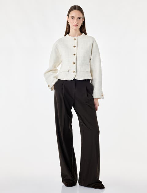 Crew Neck Long Sleeve Tweed Jacket with Jeweled Buttons