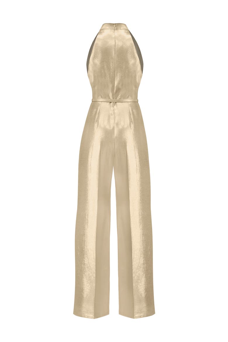 Halterneck Metallic Belted Jumpsuit, Alternate, color, Gold