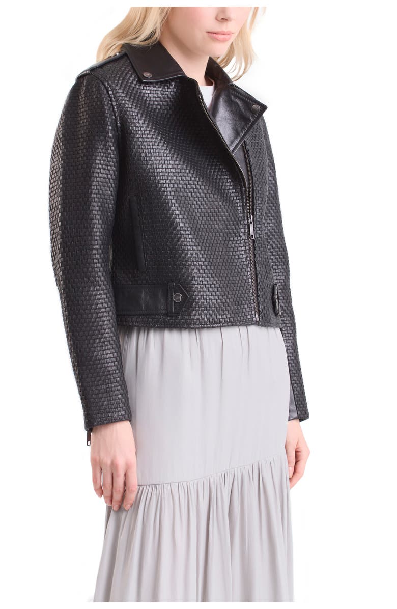 Velez Claire Leather Woven Biker Jacket for Women, Alternate, color, Black