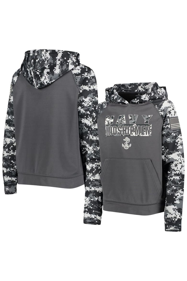 Youth Colosseum Charcoal Navy Midshipmen OHT Military Appreciation Digital Camo Raglan Pullover Hoodie, Main, color, Charcoal