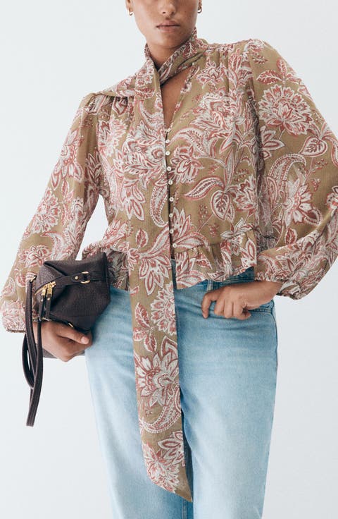 Floral Print Tie Neck Top