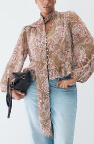 MANGO Floral Print Tie Neck Top