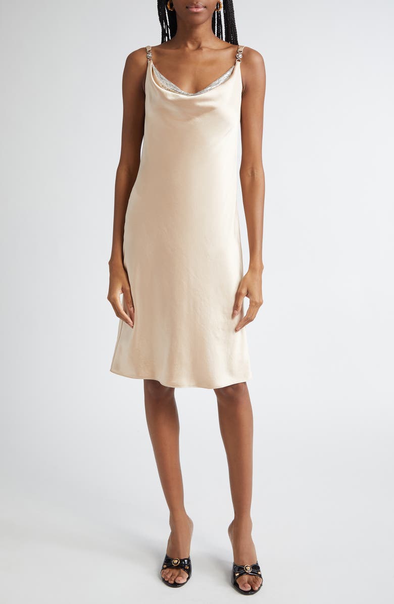 Versace Drape Neck Satin Cocktail Dress, Main, color,