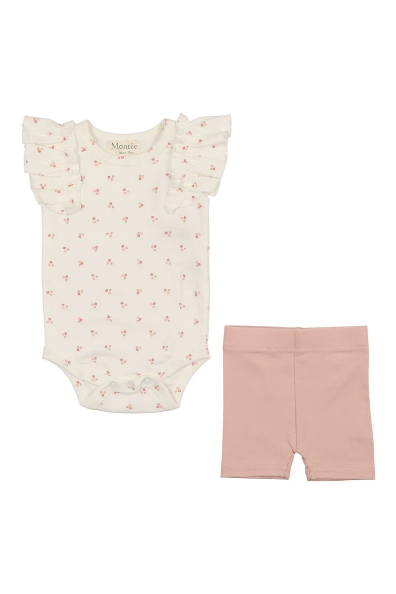 Kids' Flutter Sleeve Bodysuit & Shorts Set, Main, color, FLOWER/ PALE PINK