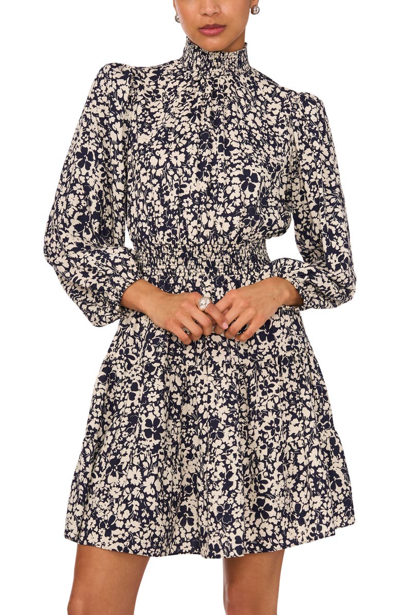 1.STATE Print Smocked Long Sleeve Dress, Alternate, color, Indigo Night