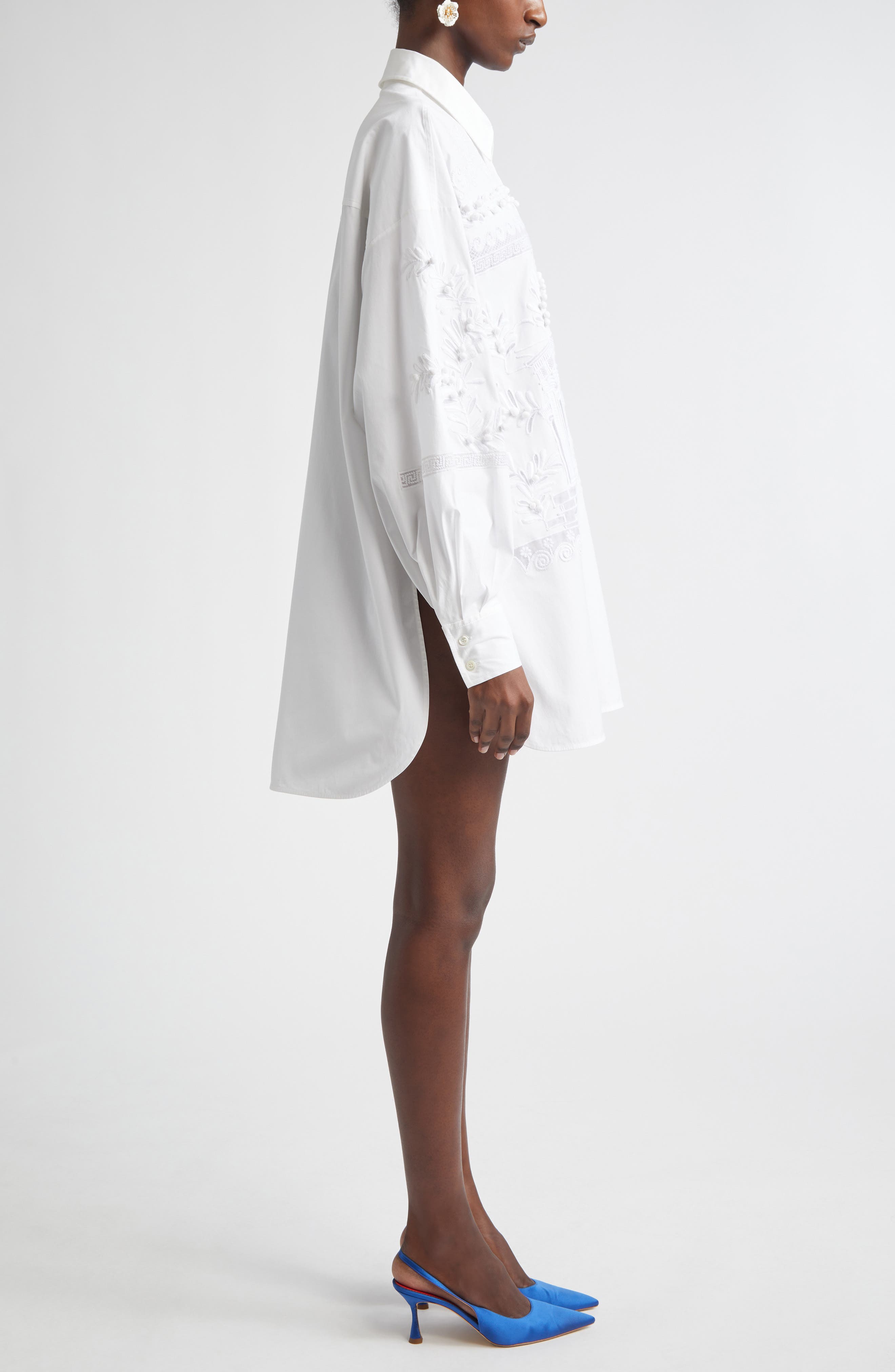 Carolina Herrera Oversize Embroidered Stretch Cotton Button-Up
