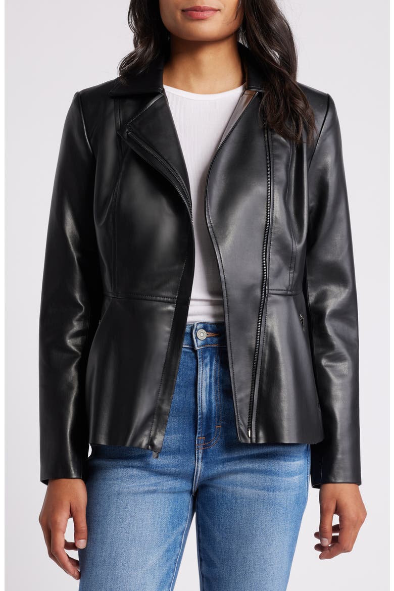 Peplum Faux Leather Moto Jacket, Alternate, color, BLACK