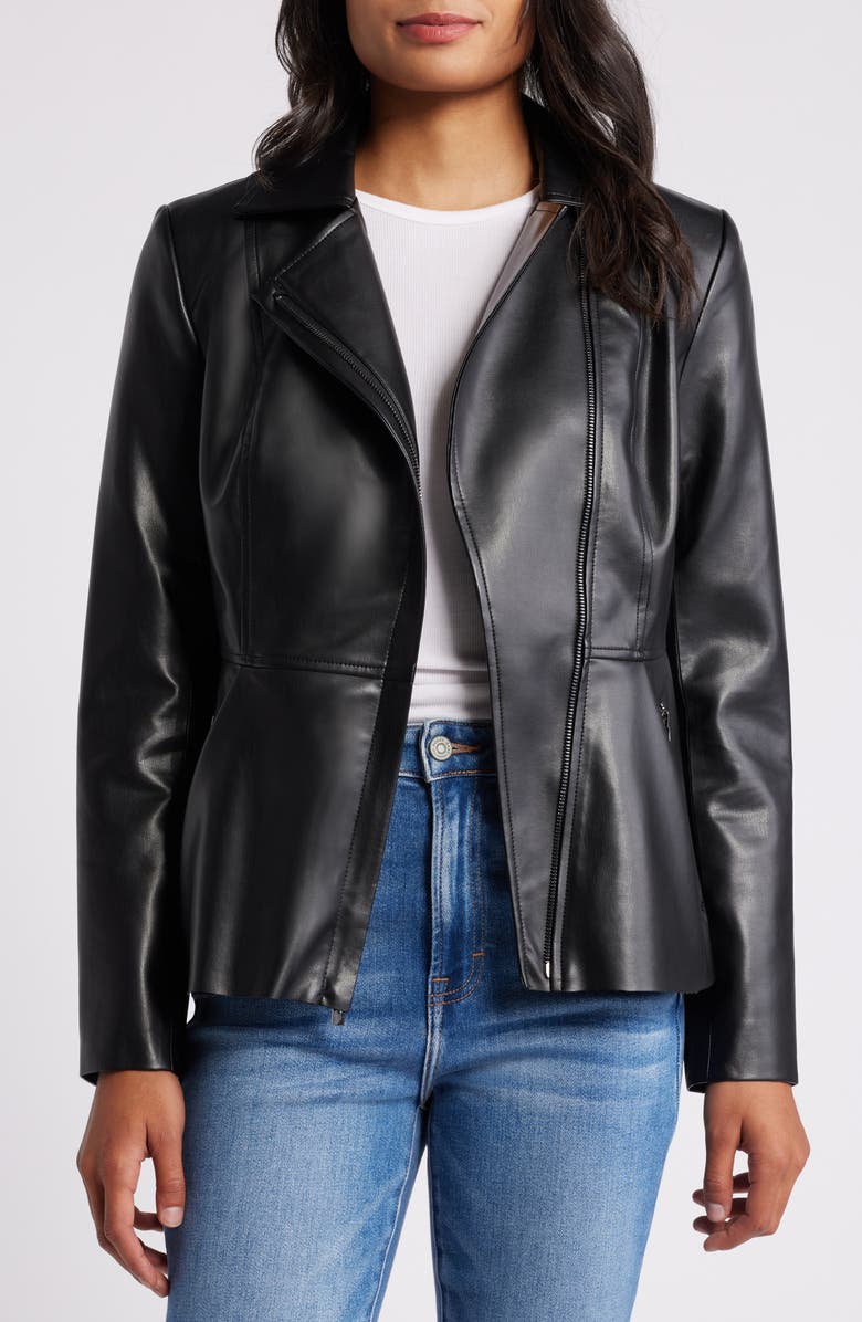 Via Spiga Peplum Faux Leather Moto Jacket, Alternate, color, Black