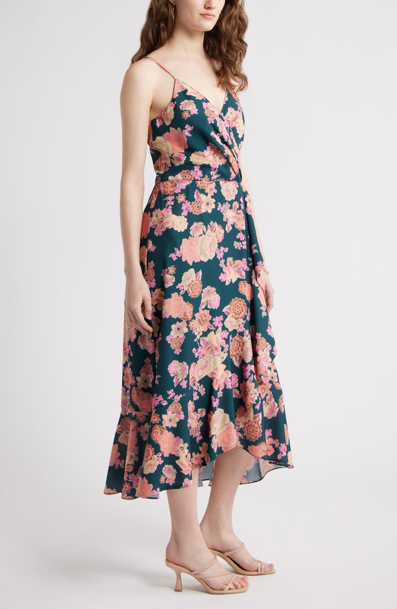 Chelsea28 Faux Wrap Midi Dress, Alternate, color, Green- Coral Paradise Floral