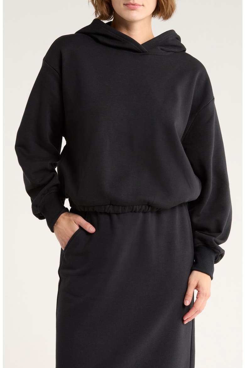 Feather Fleece Cinch Hem Pullover Hoodie, Main, color, BLACK