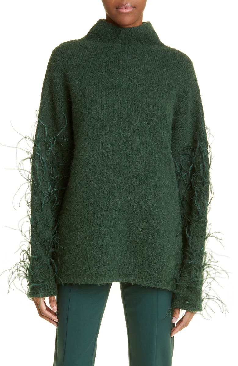 LAPOINTE Ostrich Feather Embellished Alpaca Blend Funnel Neck Sweater, Main, color,