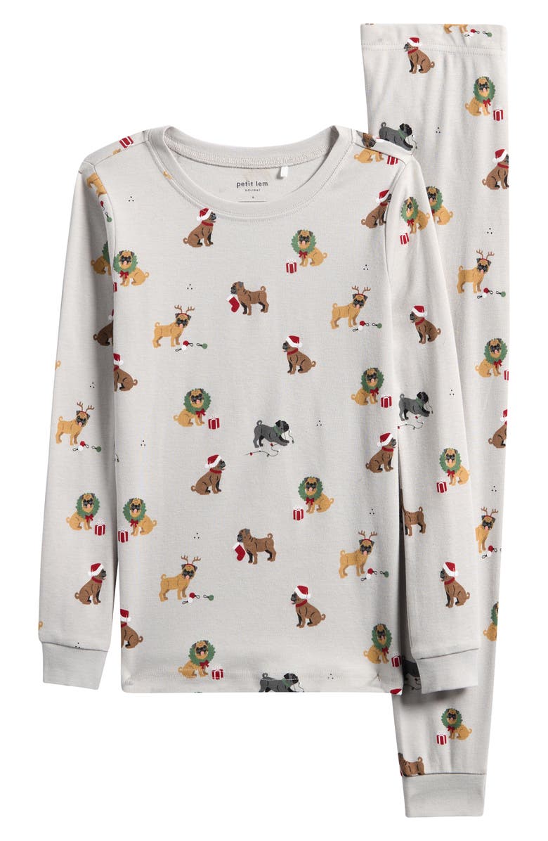 Petit Lem Kids' Holiday Pugs Print Fitted Organic Cotton Two-Piece Pajamas, Main, color, Light Grey
