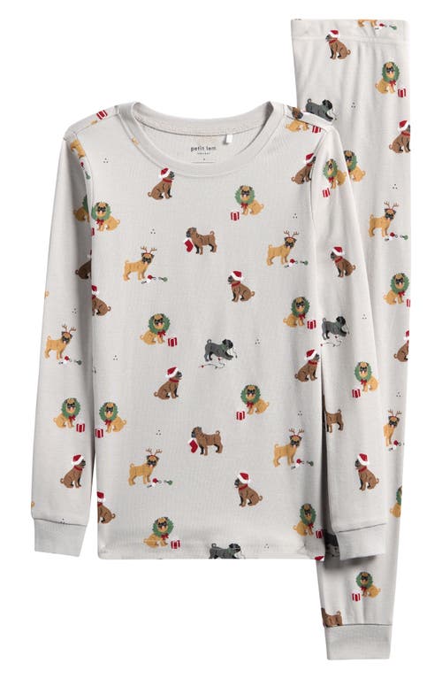 Petit Lem Kids' Holiday Pugs Print Fitted Organic Cotton Two-Piece Pajamas in Light Grey 