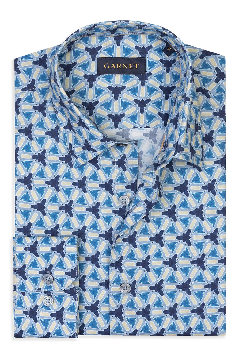 Soleil Tile Print Button-Up Shirt, Alternate, color, MARINE