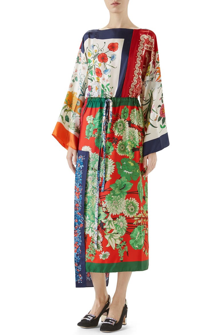 Patchwork Print Asymmetrical Silk Dress, Main, color, MULTI