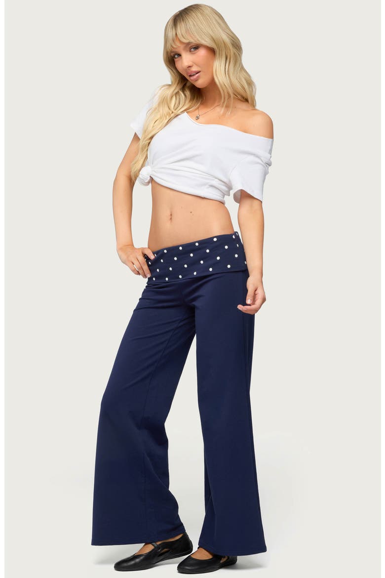Reeva Polka Dot Foldover Wide Leg Pants, Alternate, color, NAVY