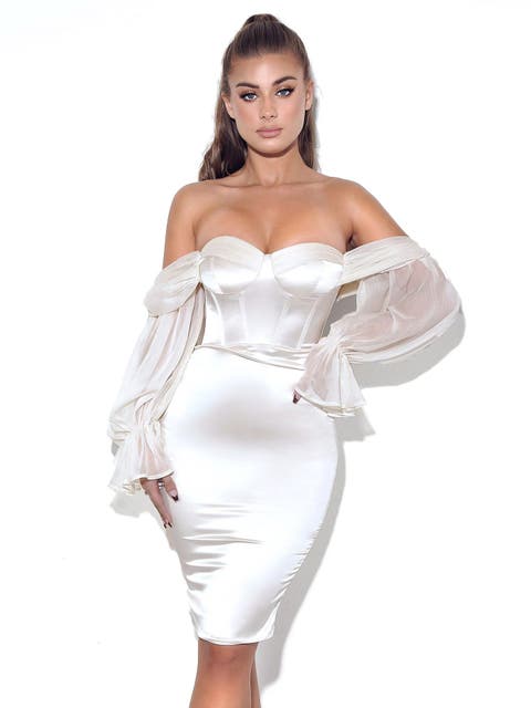 Lydia Satin Off Shoulder Puff Sleeve Dress