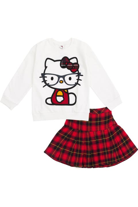 Fleece Sweatshirt and Plaid Pleated Skirt Set
