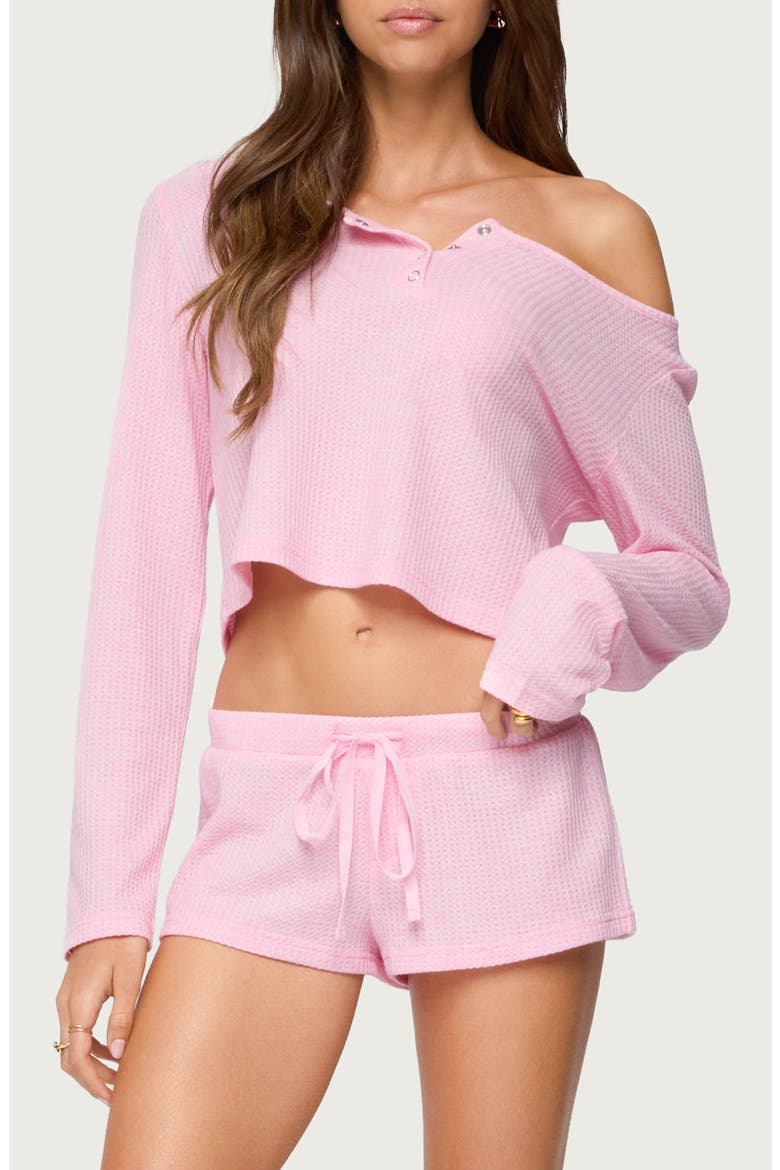 Teddy Off the Shoulder Waffle Knit Crop Top, Main, color, LIGHT-PINK