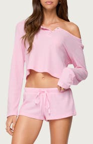 EDIKTED Teddy Off the Shoulder Waffle Knit Crop Top
