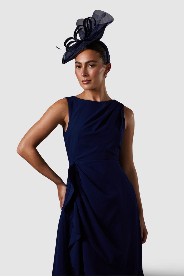 Crepe Low Back Ruffle Dress, Alternate, color, Navy