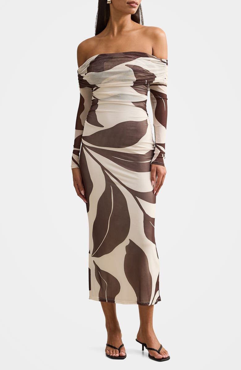 Ever New Minnie Long Sleeve Off the Shoulder Mesh Midi Dress, Main, color, Liston Stencil