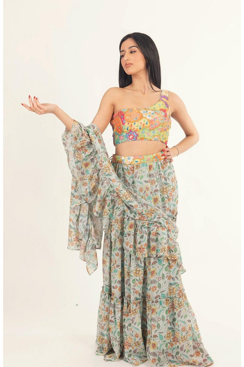 Yara Two-Piece Ruffle Saree Dress, Main, color, Green