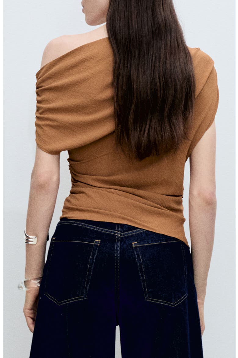 Asymmetric Off the Shoulder Ruched Top, Alternate, color, DARK BROWN